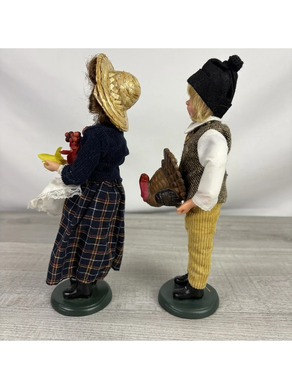 Vintage Thanksgiving Pilgrim Boy Girl Dolls Turkey Flowers 10” Pair